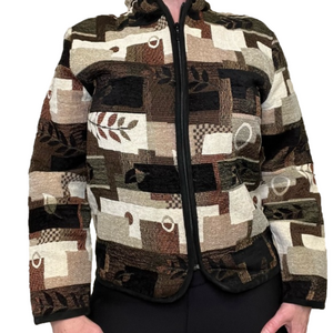 VINTAGE Woven Jacquard Fall Jacket in Black Cream & Watm Neutral Colours, M